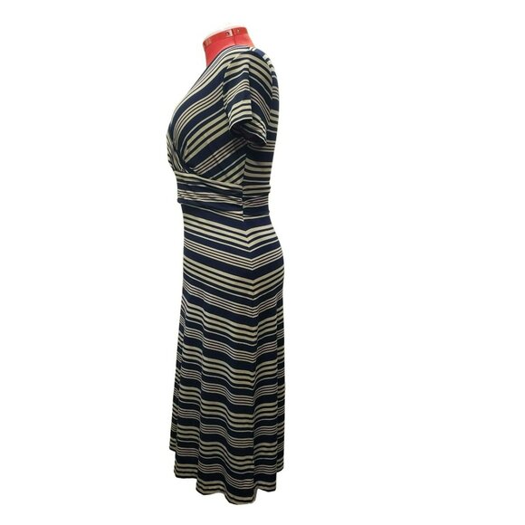 Talbots Faux Wrap Dress, Navy & Beige Striped, M, Short Sleeve, Rayon/Spandex - Picture 3 of 8